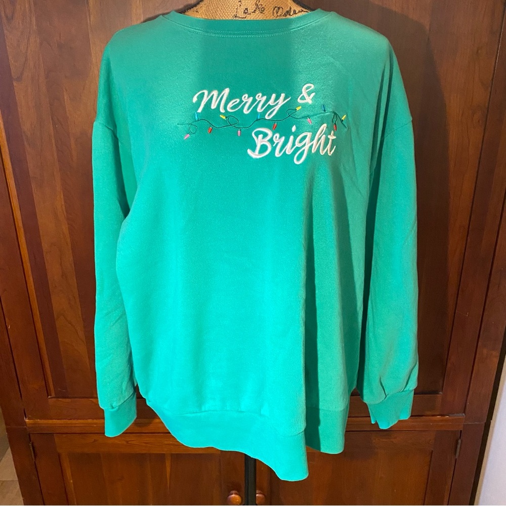 State of Mine Women’s “Merry & Bright” Green Sweatshirt XXL Christmas Pullover
